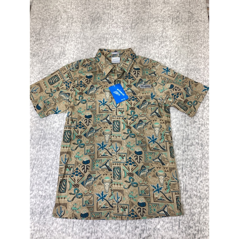 Columbia PFG Wild Cast Camp Shirt Mens Small Tan Teal Graphic FO6044-214 NEW